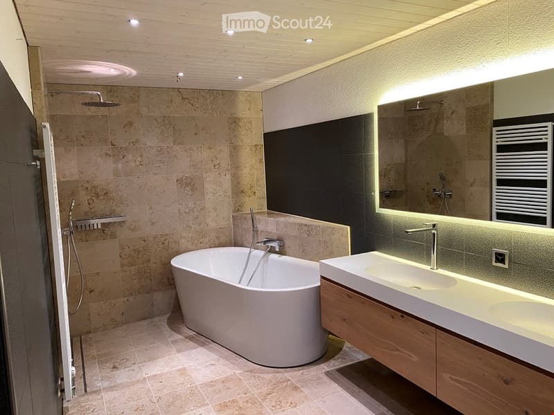 Modern bathroom with a freestanding bathtub, double sink vanity, large mirror, and separate shower area.