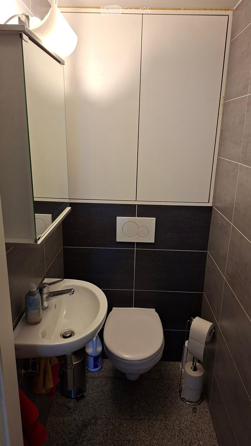 Modern bathroom with white sink, toilet, mirror, and dark tiled walls.