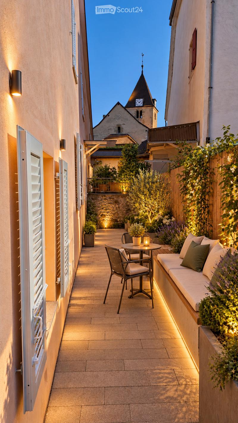 A narrow outdoor patio with a stone-tiled floor, a small seating area with a bench, a table, and chairs, surrounded by potted plants and illuminated by wall-mounted lights.
