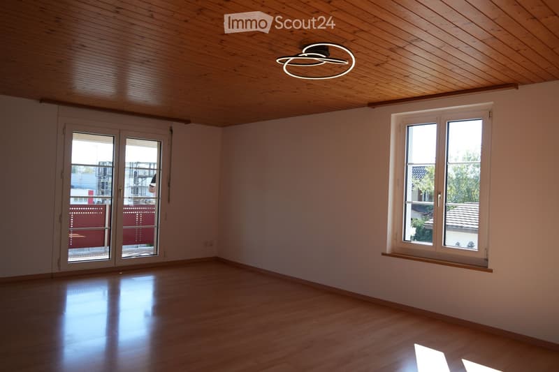Empty room with wooden flooring, white walls, large windows, and a modern ceiling light fixture.
