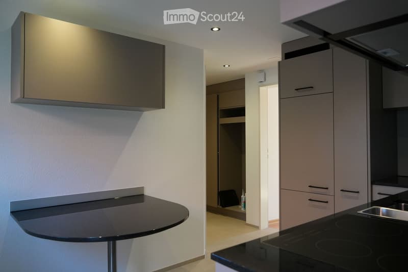 Modern kitchen with sleek, grey cabinets, a black countertop, and built-in appliances including a stove and sink.