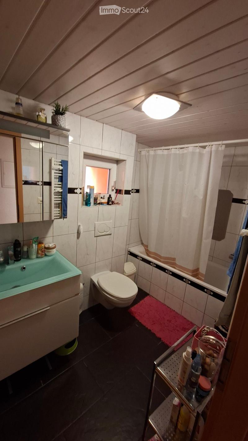 Bathroom with a toilet, sink, bathtub, mirror, and various toiletries. Features a window, a pink bath mat, and a small plant on a shelf.
