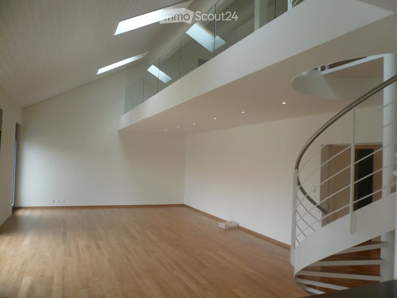 Empty room with wooden flooring, white walls, and a modern spiral staircase with a glass railing. The room features recessed lighting and a large skylight above.