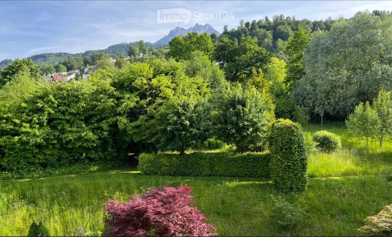 A well-maintained garden with lush green grass, trimmed hedges, and various trees, with a scenic mountain backdrop.