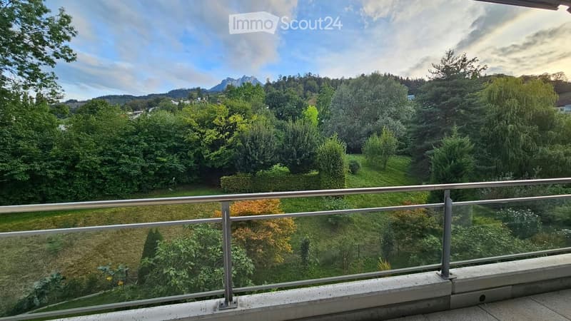 Balcony with metal railing overlooking a lush green garden and distant mountains.