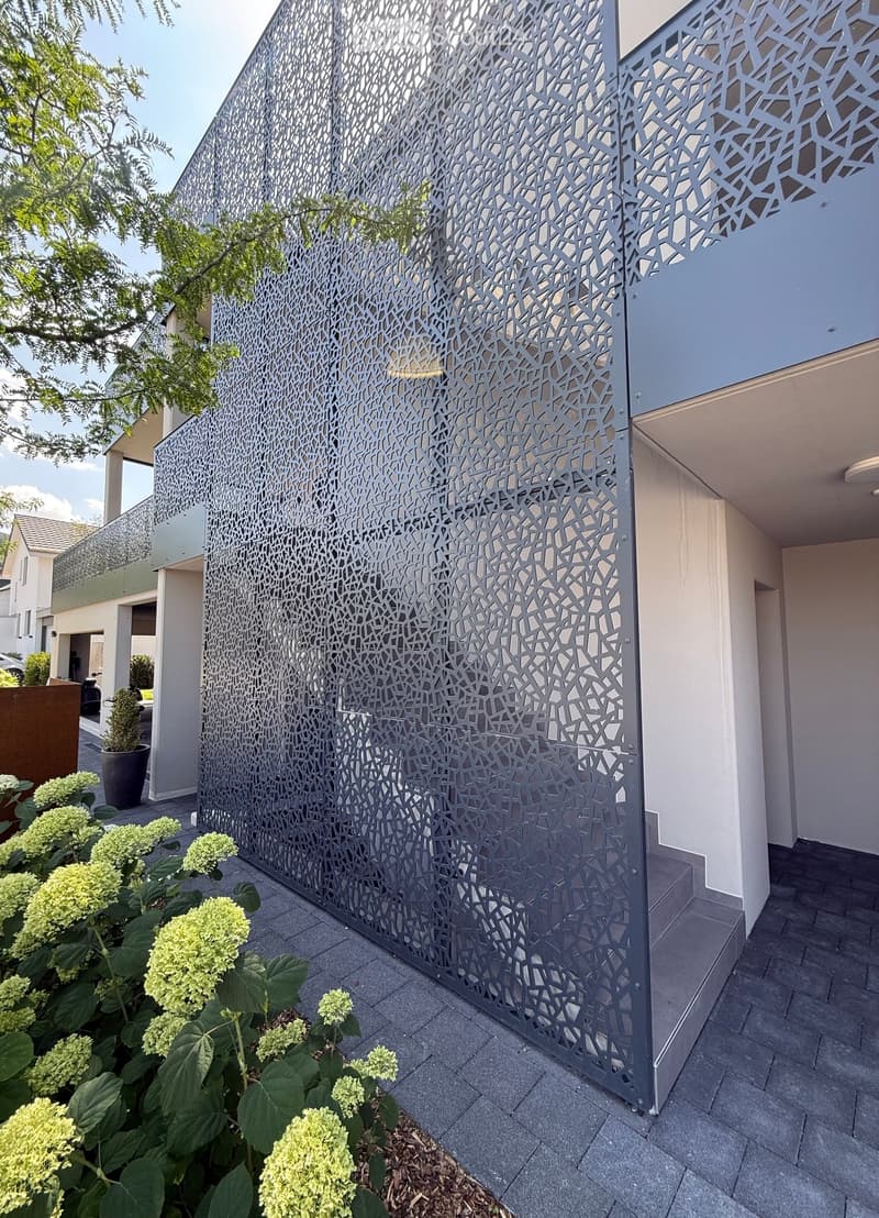 Modern house exterior with a decorative metal screen wall, green shrubs, and a raised ground floor entrance.