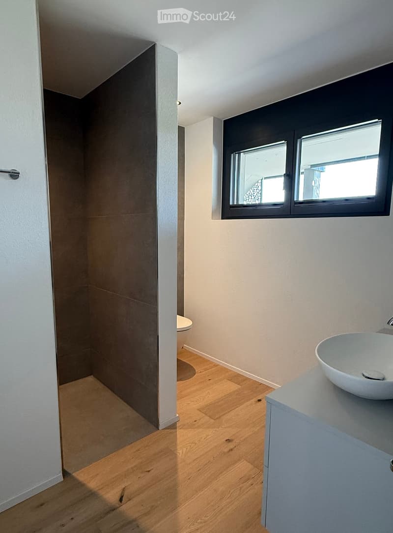 Modern bathroom with light wooden flooring, white walls, a sink on a light blue cabinet, and a toilet visible in the background. A window with dark framing allows natural light to enter.