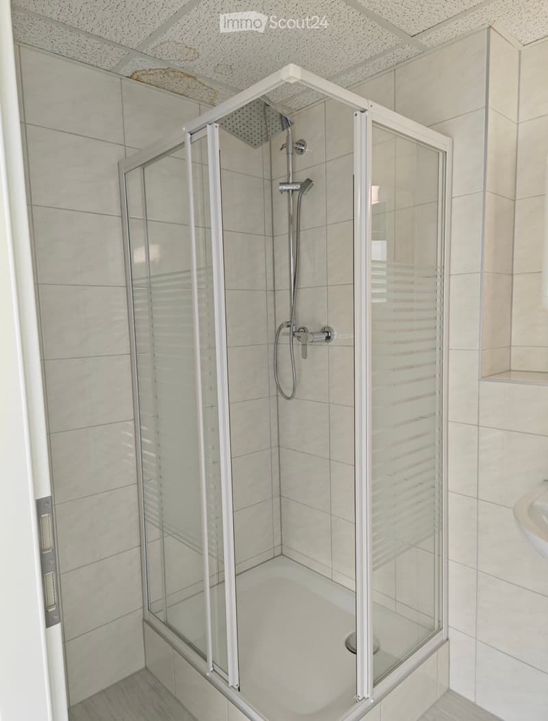 Modern bathroom with a glass-enclosed shower stall, tiled walls, and a sleek showerhead.