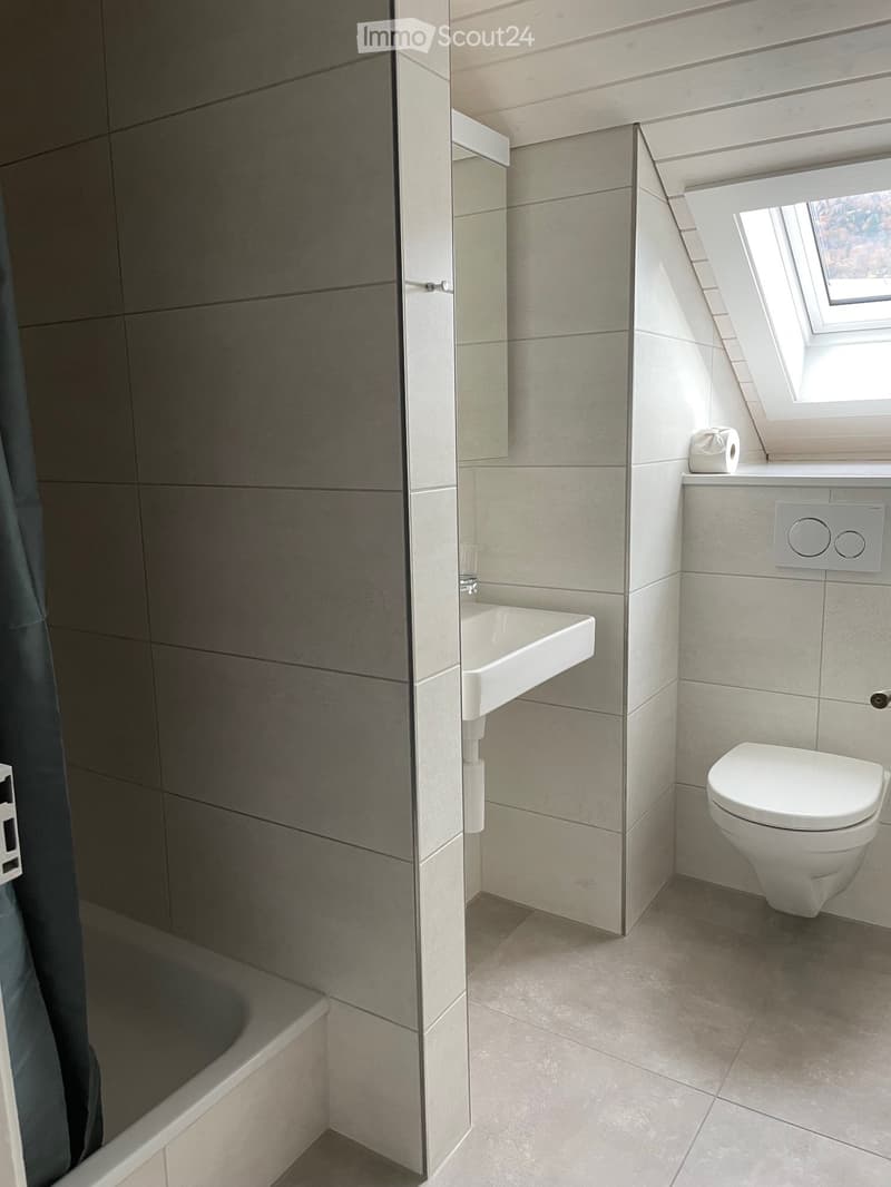 compact bathroom, bathtub, toilet, sink, mirror, skylight, tiled floor and walls