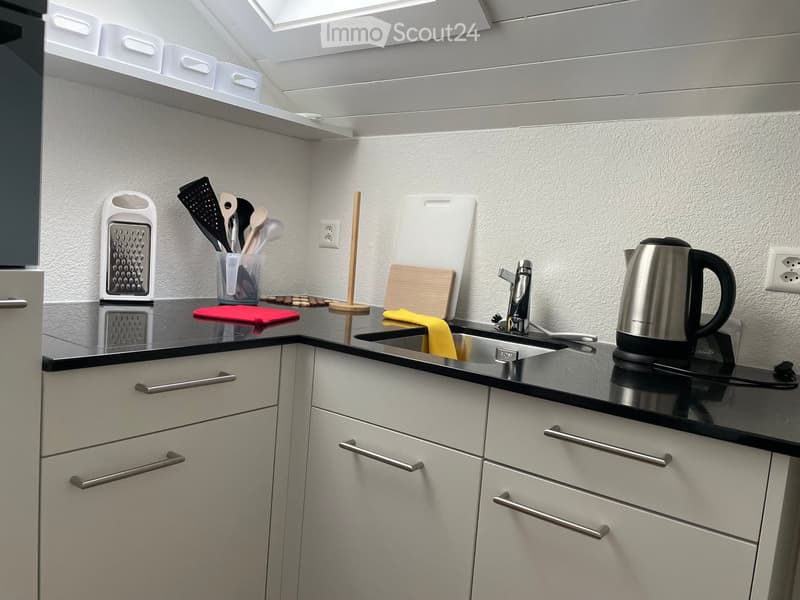 Modern kitchen with white cabinets, black countertops, stainless steel sink, and various kitchen utensils and appliances.