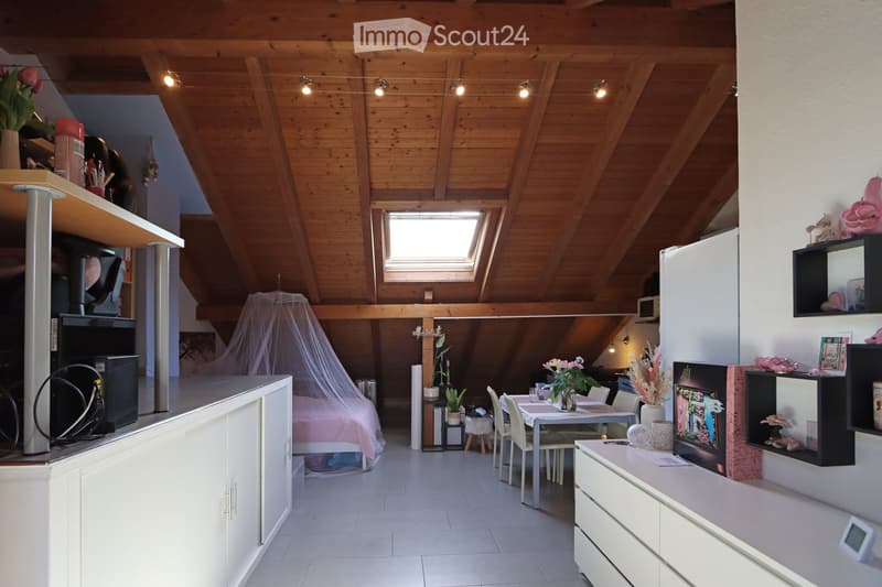 A modern, open-concept living and dining area with exposed wooden beams, a skylight, and contemporary furniture including a sofa, dining table, and chairs.