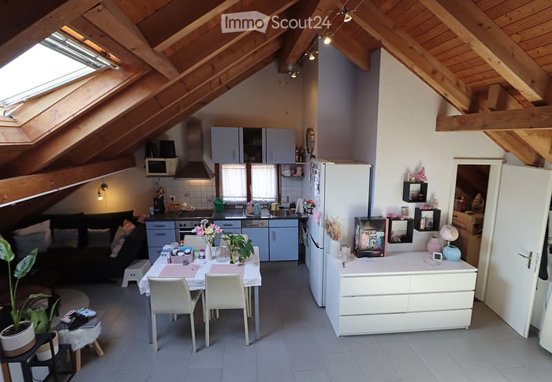 Loft-style living and dining area with exposed wooden beams, a sofa, dining table with chairs, kitchen area with cabinets, refrigerator, microwave, and oven, and decorative plants.