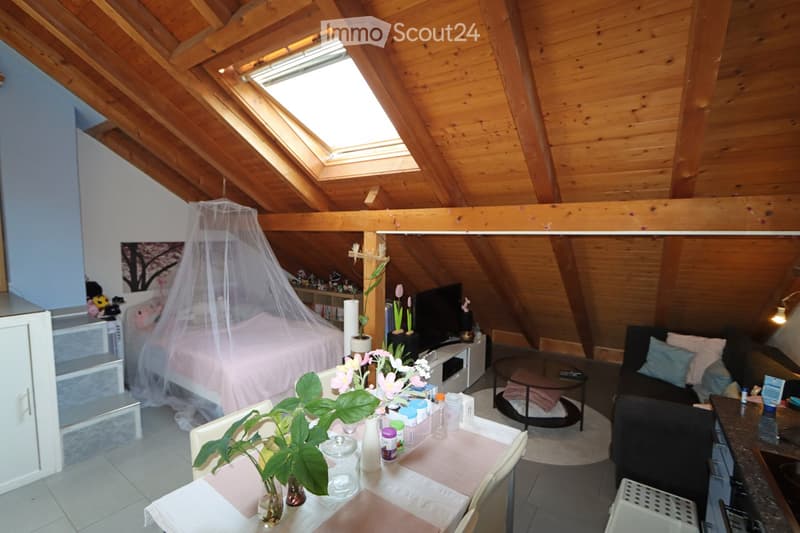 Cozy attic room with wooden beams, skylight, bed with mosquito net, sofa, table, and various decorative items.