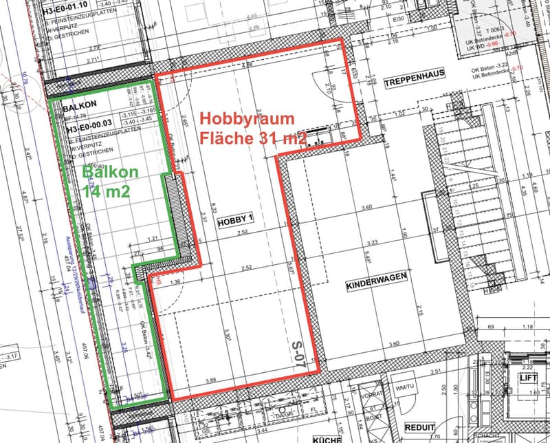 Floor plan showing a hobby room area of 31 m² and a balcony of 14 m², with labeled dimensions and structural details.