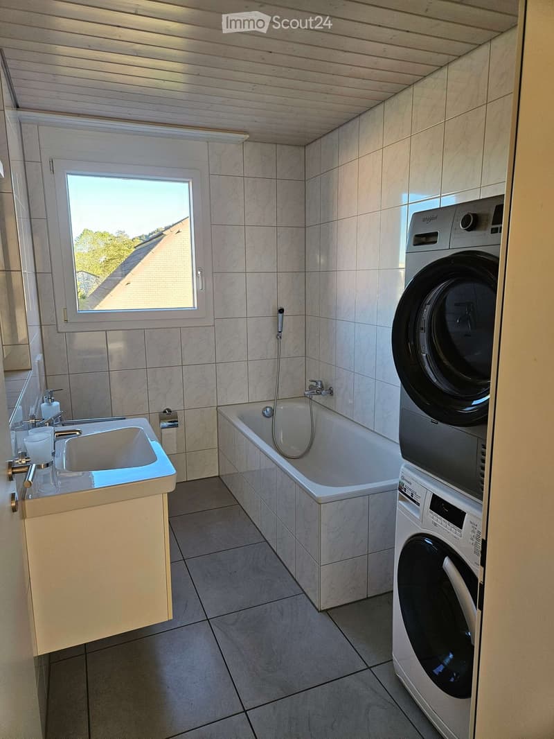 Modern bathroom with a white bathtub, sink, washing machine, and dishwasher. The room features tiled walls and a window with a view of the roof.