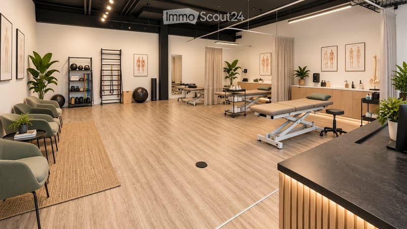 Modern spa or wellness room with light wood flooring, several massage tables, chairs, shelves with fitness equipment, and decorative plants.