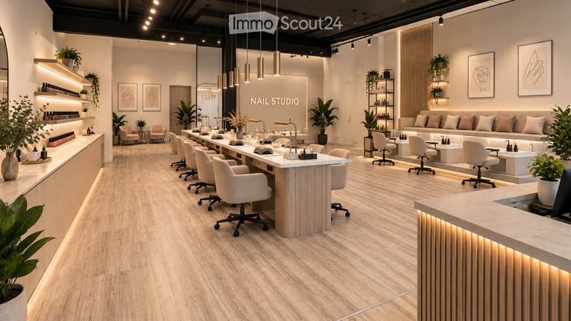Modern nail studio with light wood flooring, white walls, and contemporary furniture including a sofa, chairs, a reception desk, and multiple workstations with chairs.