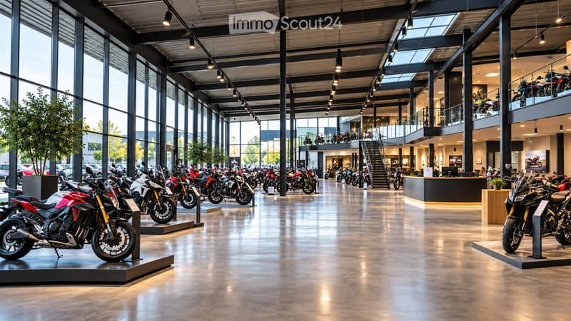 Modern showroom with multiple motorcycles displayed on platforms, large windows, and a staircase leading to an upper level.