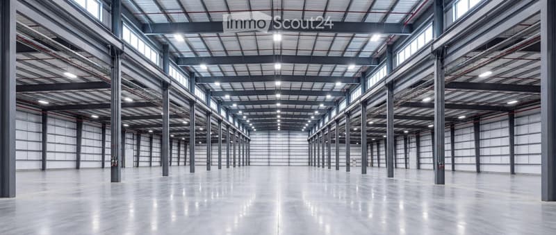 Large, empty industrial-style warehouse with high ceilings, metal beams, and concrete floors. No furniture or equipment is present.