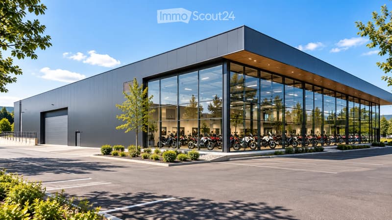 Modern building with large glass windows and a spacious parking lot, featuring multiple motorcycles inside and a small tree in front.