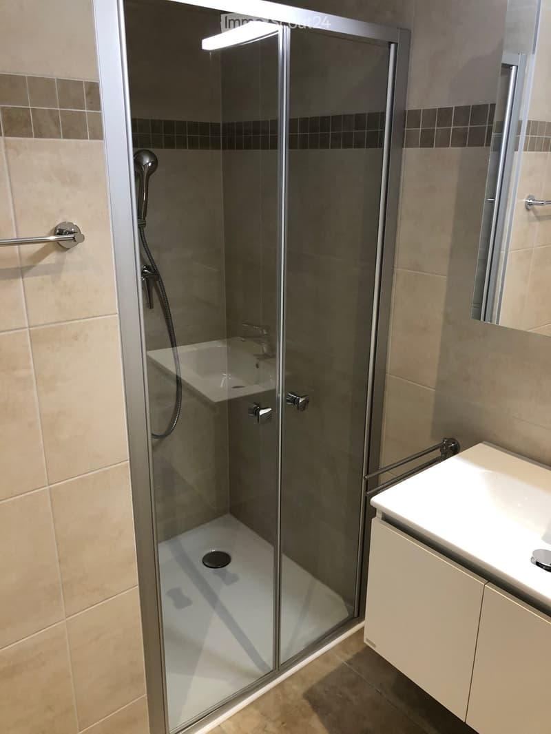 Modern bathroom with a glass-enclosed shower, a white sink with a cabinet, and a towel rack.