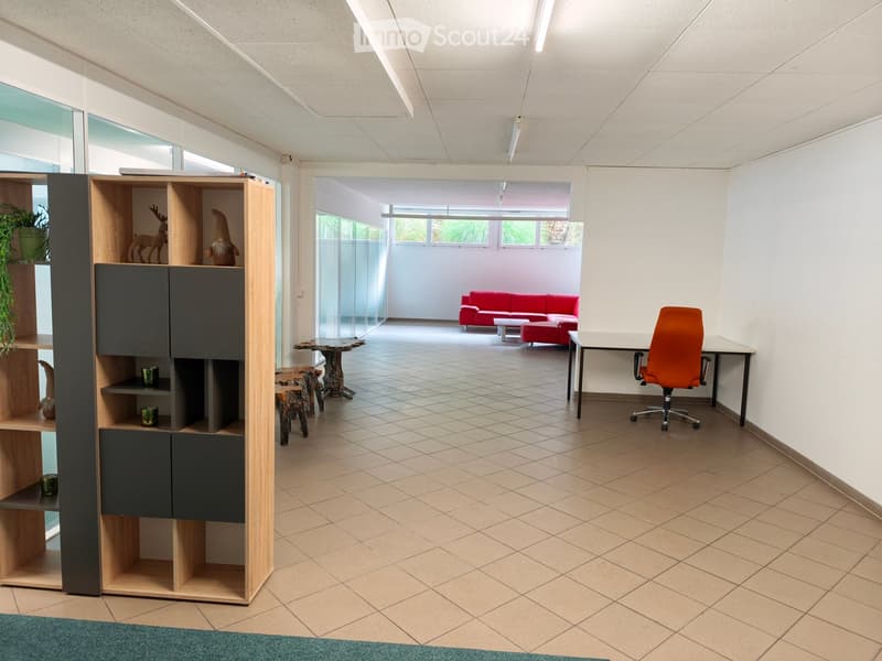 Modern office space with a red sofa, orange chair, wooden table, and shelving unit with decorative items.