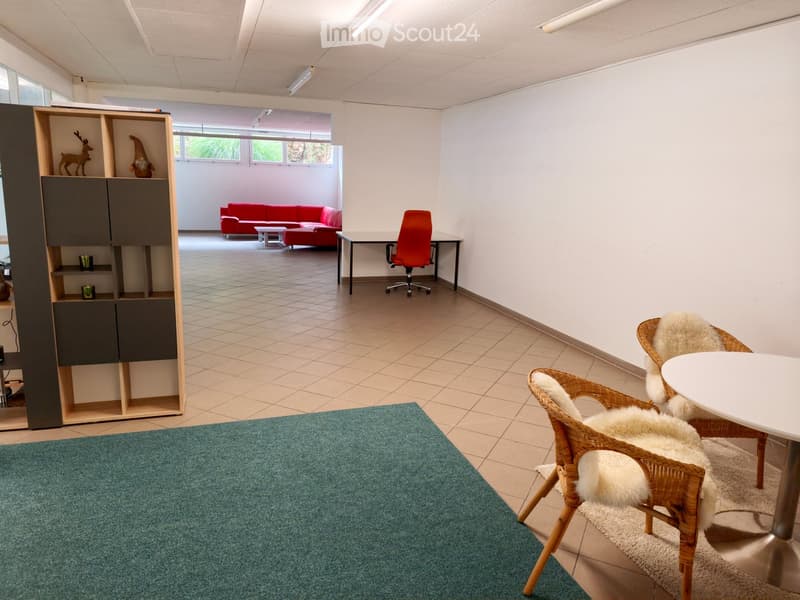 A modern, well-lit room with a red sofa, coffee table, wicker chairs with fur cushions, a small table, and a wooden shelf with decorative items.
