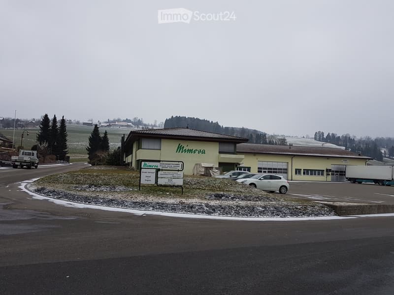 A two-story building with a yellow facade and a sign reading "Mimosa" in green letters. The building has multiple windows, a garage entrance, and a parking area with several cars and a truck. The surrounding area includes a gravel driveway, a grassy field