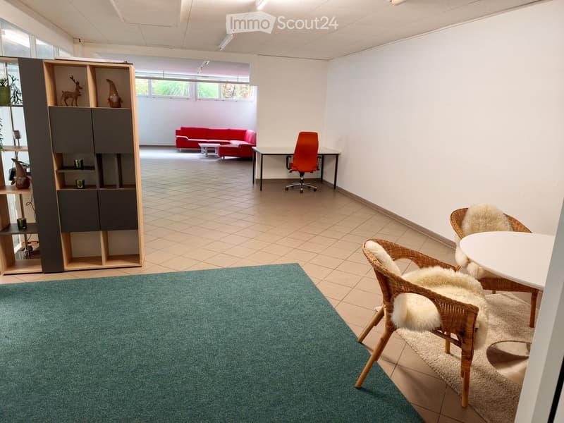 Modern, well-lit room with a red sofa, coffee table, wicker chairs with fur cushions, a small table, a wooden shelf with decorative items, and a green rug.