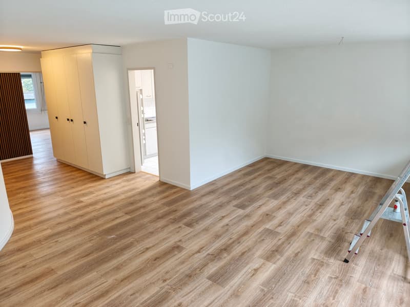 Empty room with light wooden flooring, white walls, and a built-in wardrobe visible in the background.
