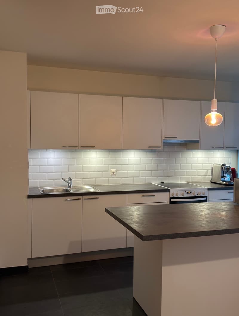 Modern kitchen with white cabinets, stainless steel appliances, and a dark countertop island.