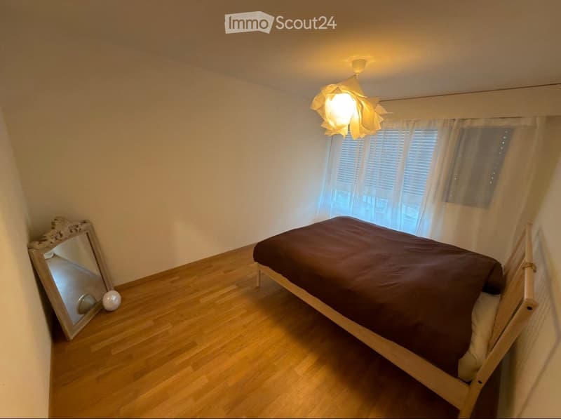 Cozy bedroom with wooden flooring, a single bed with dark bedding, a large mirror leaning against the wall, and a decorative hanging lamp.