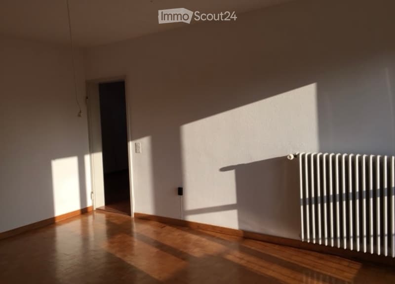 Empty room with wooden flooring, white walls, and a radiator on one wall. Sunlight streams in from a window, casting shadows on the floor and walls.