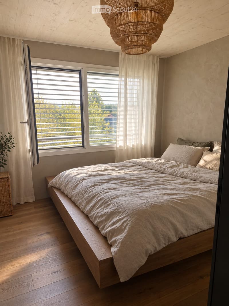Minimalist bedroom with a wooden bed, neutral bedding, large windows with blinds, and a wicker chandelier.