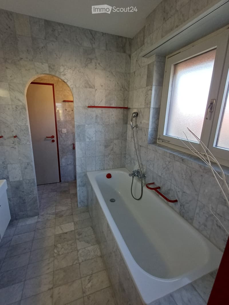 Bathroom with marble tiles, a bathtub, a shower hose, a handrail, and a window with a shelf.