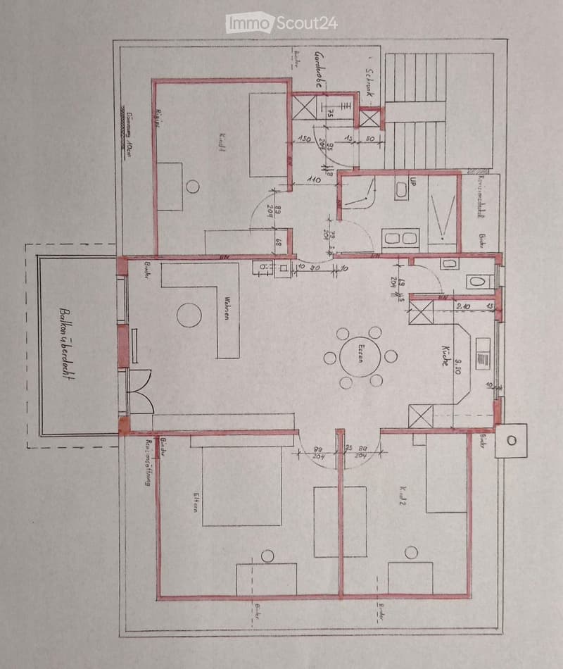Floor plan of a residential space with labeled rooms including living room, dining area, kitchen, bedrooms, and bathrooms. Includes dimensions and a balcony.