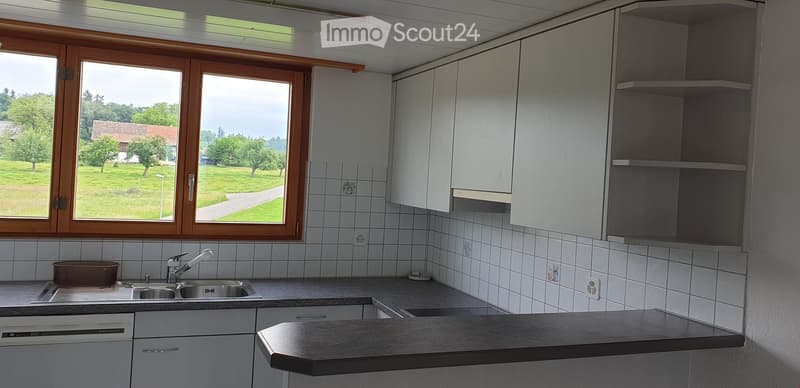 Modern kitchen with white cabinets, tiled walls, and a large window overlooking a green landscape. Features a stainless steel sink, faucet, dishwasher, and countertop.