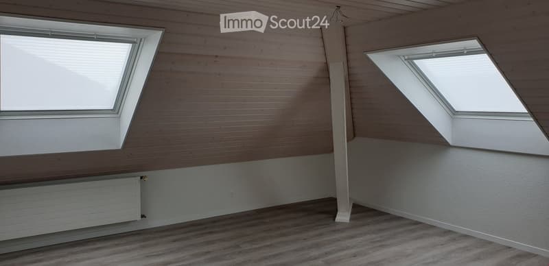 Empty attic room with wooden walls, wooden floor, white radiator, and two skylight windows.