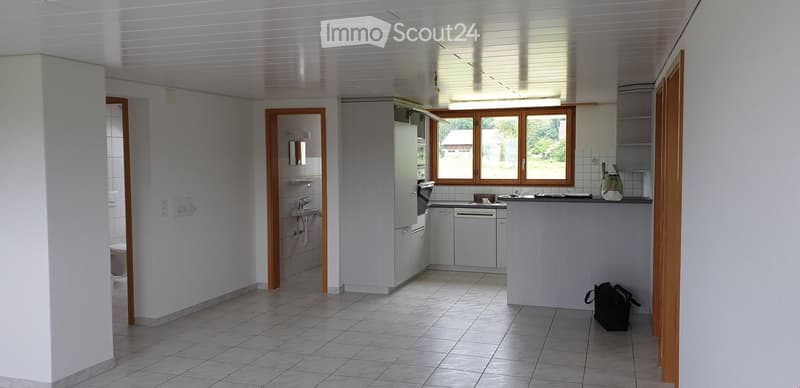 Open-plan kitchen and bathroom area with white cabinets, a sink, an oven, a dishwasher, and a handbag placed on the floor.