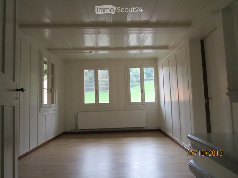 Empty hallway with wooden flooring, white walls, multiple doors, and windows showing a green outdoor view.