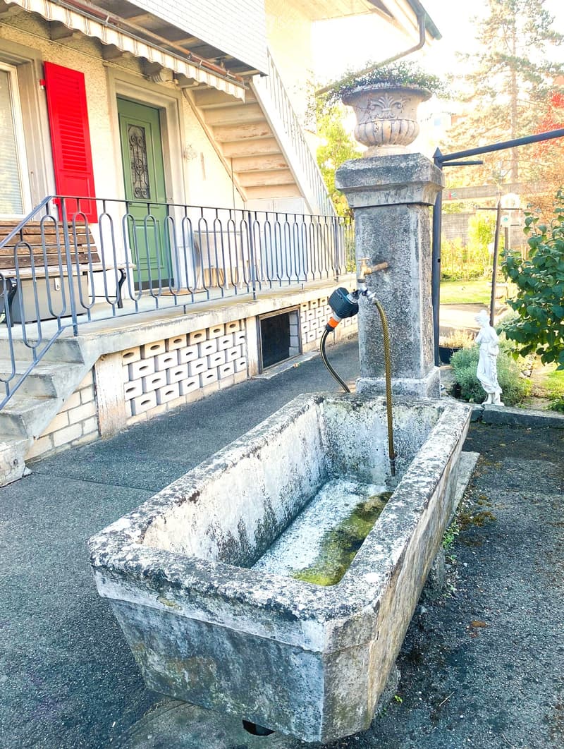An outdoor area featuring a stone basin with a water faucet, a decorative column with a statue, and a staircase leading to a house with a balcony and metal railing.
