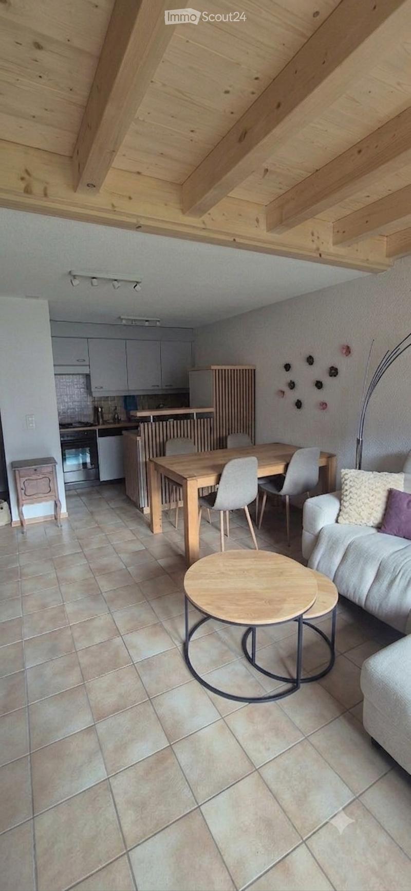 Open-plan living and dining area with a modern sofa, coffee table, dining table with chairs, and a small kitchen area with cabinets and appliances.