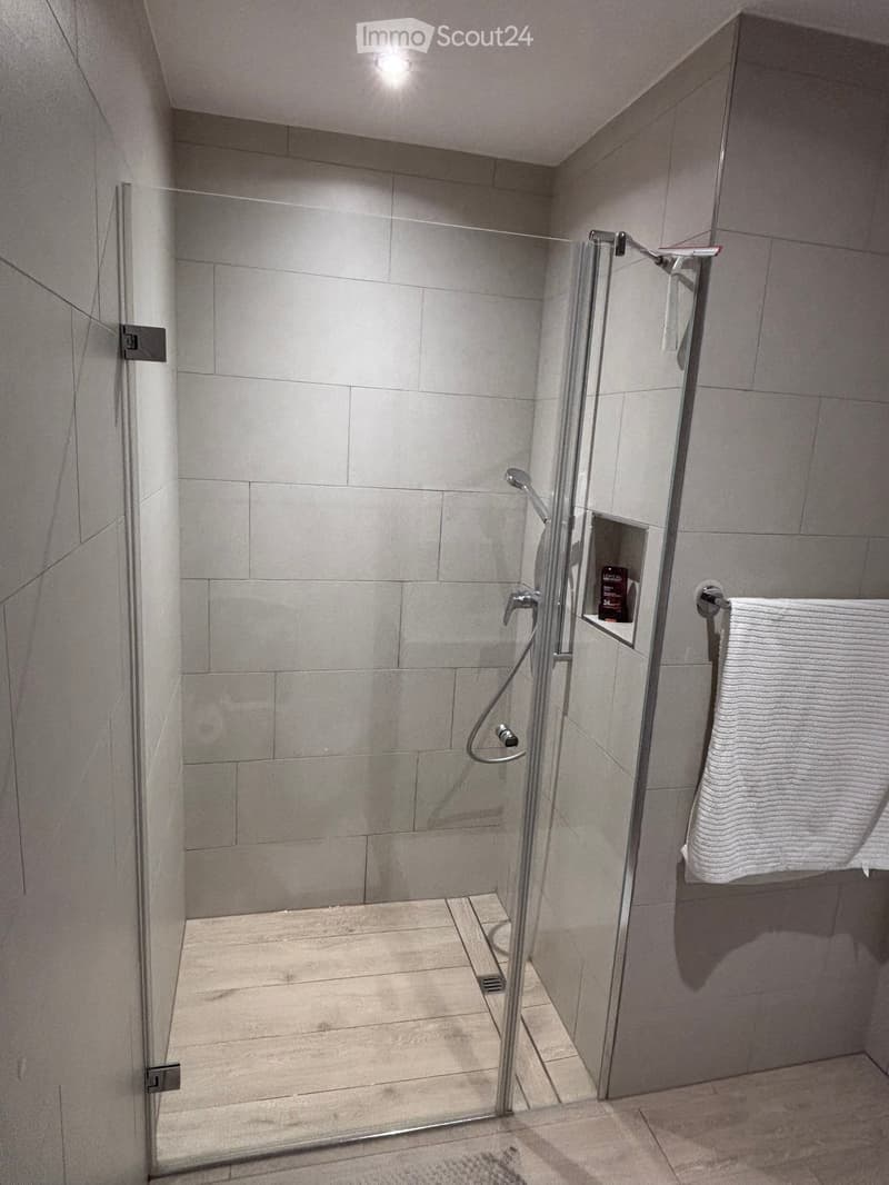 Modern bathroom with a glass-enclosed shower, tiled walls, and a towel hanging on a rack.