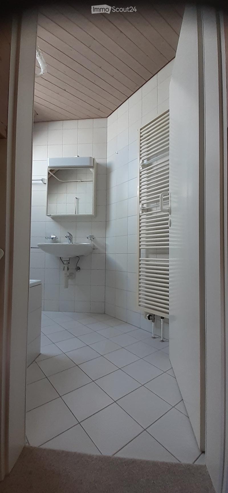 Modern bathroom with white tiled walls and floor, a single sink with a mirror above it, and a radiator on the right side.