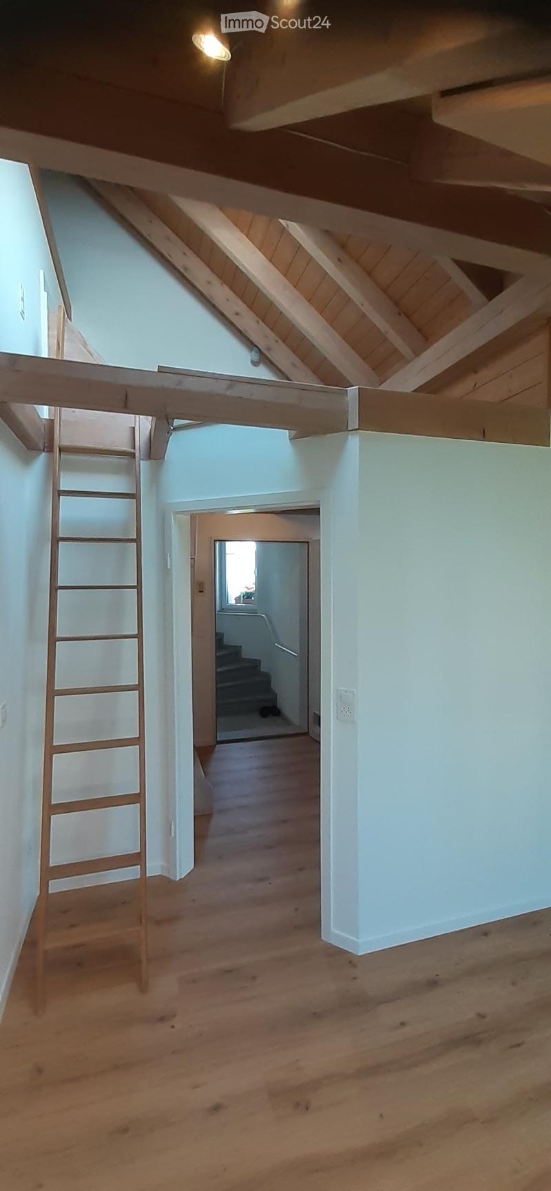 Empty hallway with wooden floor, white walls, exposed wooden beams on the ceiling, and a ladder leading to an attic space.