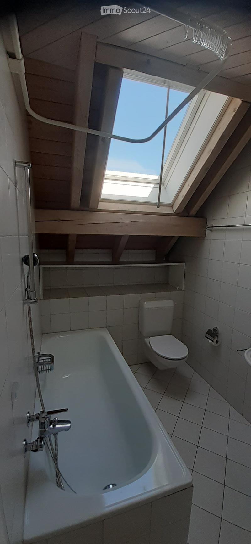 Modern bathroom with a bathtub, toilet, and a large skylight window above the tub, featuring tiled walls and a wooden shelf.