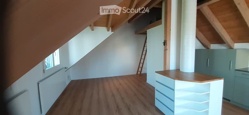 Empty attic space with wooden floors, white walls, exposed wooden beams, and a small built-in cabinet. A ladder leads to an upper loft area.