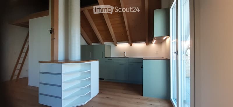 Modern kitchen with light blue cabinets, wooden countertops, and a white shelving unit. Features a sink with a faucet and a ladder leading to an attic space.