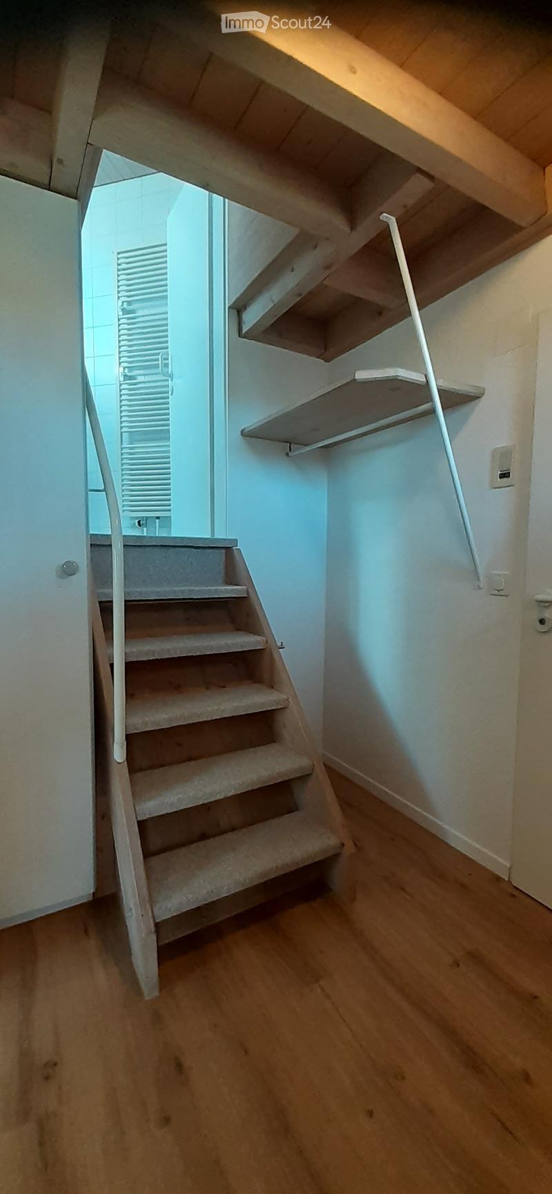 Wooden staircase with carpeted steps and a white handrail, leading to an upper level. The walls are painted light blue, and there is a small shelf attached to the wall on the right side.