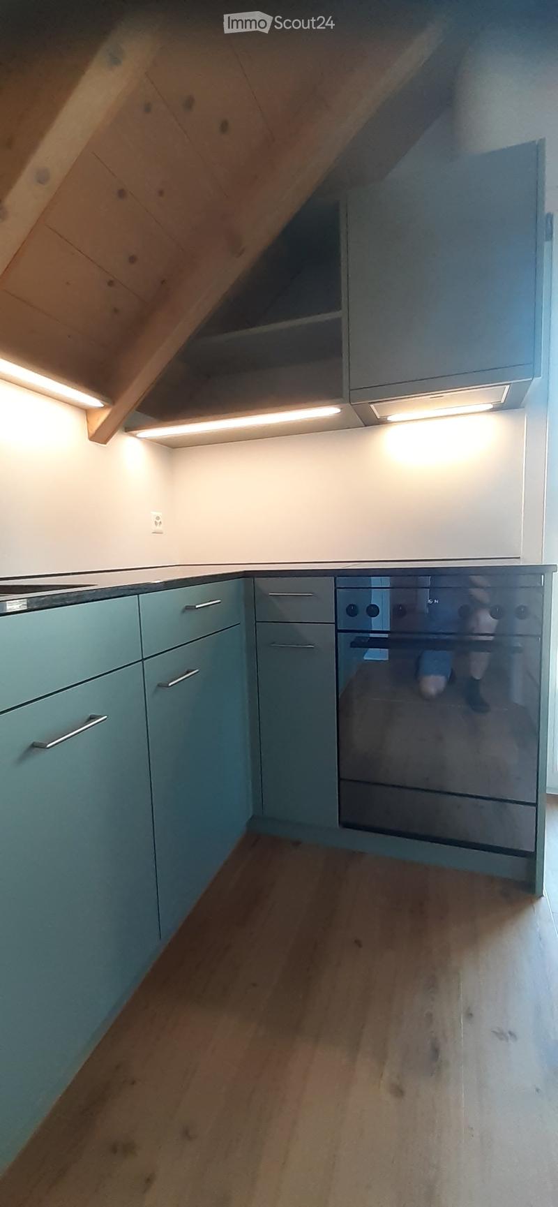 Modern kitchen with light blue cabinets, stainless steel oven, and wooden flooring.